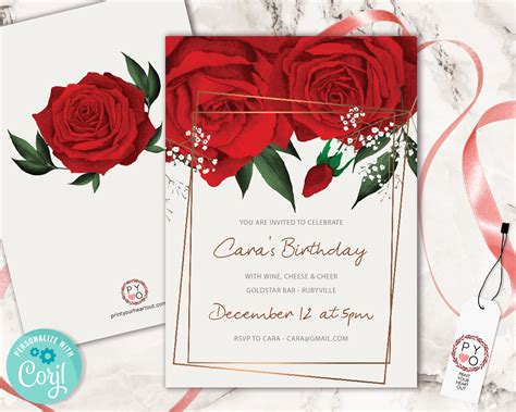 Watercolor Red Roses Birthday Invitation Printable Template, Any Age