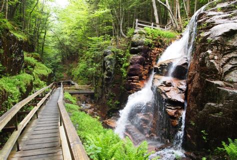 Waterfalls in nh. A short walk up Falling Waters Trail will bring you to three picturesque waterfalls: Stairs Falls, Swiftwater Falls and Cloudland Falls (the largest of the three). … 