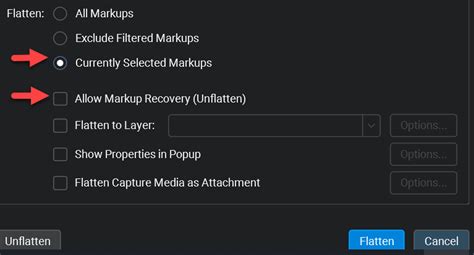 This allows you to flatten markups using default settings, which is generally a faster process. To flatten individual markups, first select all of the markups you wish to flatten. Right click on a selected markup and choose Flatten from the dropdown menu. This will flatten only the selected markups using default flattening settings.