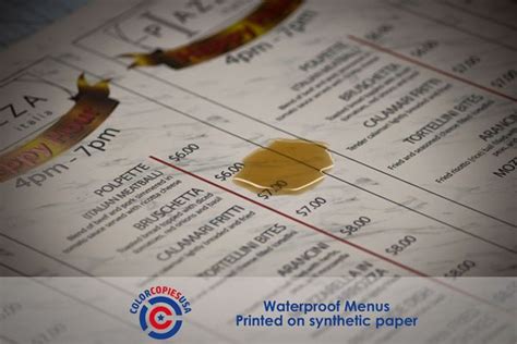 Waterproof Menus Printed on Synthetic Paper Plastic