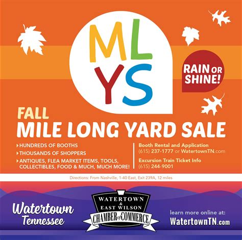 May 1, 2024 · Join us rain or shine, Saturday, April 13, 2024 for the Annual Spring Watertown Mile Long Yard Sale sponsored by Watertown/East Wilson County Chamber of Commerce! Much more than one mile, you’ll find yard sales setup from I-40 all the way to Watertown (approximately 10 miles) and most of Main St. Watertown will be shut down, for pedestrians ...