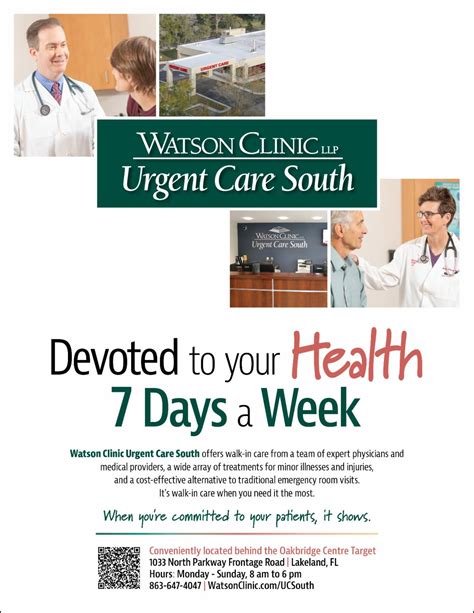 Watson clinic south urgent care. Claim your practice. 74 Specialties 402 Practicing Physicians. (0) Write A Review. Watson Clinic Urgent Care At Main. 1600 Lakeland Hills Blvd Lakeland, FL 33805. (863) 680-7271. OVERVIEW. 