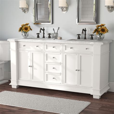 Wayfair bathroom vanity with sink. This freestanding single bathroom vanity features a sleek, clean-lined silhouette, and – at 48" wide – is the ideal spot to get ready for the day. The base is made from engineered wood with a rich brown finish, and it rests on four tapered legs to complete this mid-century modern look. Two cabinet doors and two central functional drawers show off slatted 3D … 