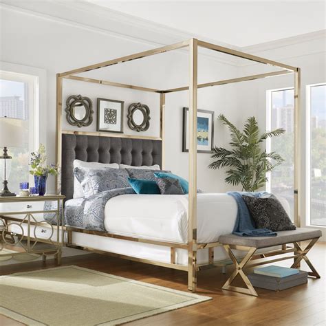 Dream big in this canopy bed. This handsome Meridian Furniture bed has a channel tufted headboard, giving the bed a regal and sophisticated look. The headboard is tufted for added elegance, and the bed comes with a brushed brass metal canopy, adding to its overall elegance and grandeur. White Faux Leather used on the sides and headboard gives it a luxe vibe, and the headboard is heavily padded ... 