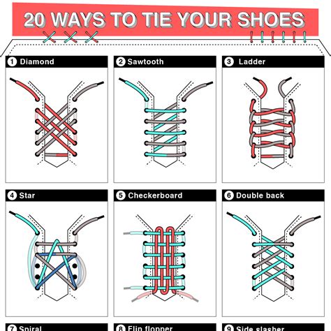 Ways to tie shoes. Learn how to lace your sneakers with different patterns and styles, from simple to complex, from girly to masculine. Find out how to create star, bow, lattice, X, … 