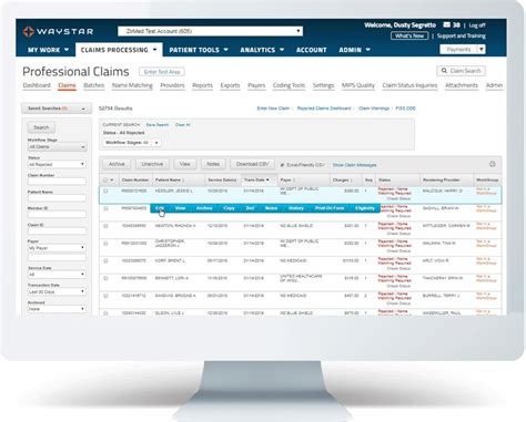 Waystar clearinghouse payer list.  The data is categorized (claims rej...