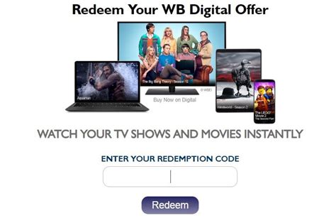 Wb com redeem movies. Highlight and select “Redeem Codes” from the list of options. Enter your code and press X to continue. Now you will see the content you are redeeming. Highlight the confirm option and press X. A message will appear that the code has … 