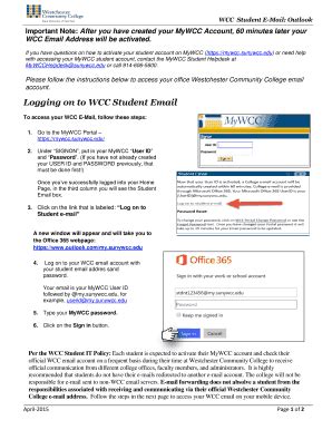 WCC Email. Student Email; This is your official college email account. Check your WCC email often, as email communications will be sent to your WCC email account once you become a student. Blackboard. Blackboard is WCC's online learning management system where instructors post course assignments, materials, and related items. .... 