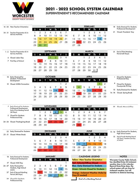 Wcps Calendar 2021 22