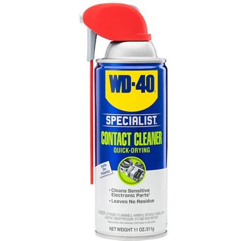 Wd 40 contact cleaner. We got you! WD-40 Specialist Contact Cleaner will help do the job for you. Designed with a fast acting agent- making it easier for you to remove any stubborn dirt on sensitive electrical parts. Now, you can save your time and energy on cleaning just by spraying and wiping. Highly recommended to buy for office use or any business of this service ... 