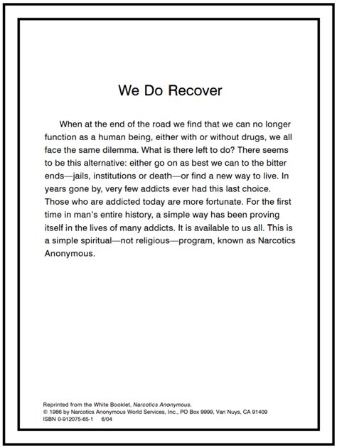 We do recover na. Recovery Literature in English (US) We offer all available Information Pamphlets and NA booklets here, in all currently available languages, in order to serve our members and potential members. Please note that .pdf files of NA books are not available online. We do offer e-books for sale online, and we continue to provide over half a million ... 