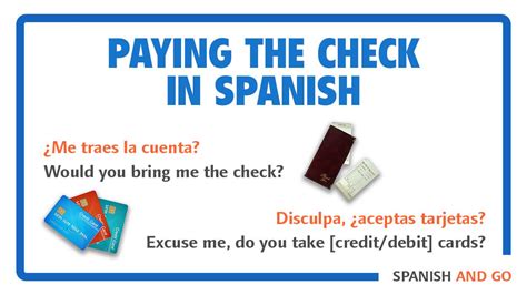 We pay the check in spanish. Quiero pagar la cuenta. I want to pay the check. - No way! It's on us. Yo quiero pagar la cuenta. - ¡De ninguna manera! Nosotros invitamos. More examples. 