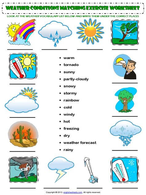 Weather Conditions Vocabulary Matching Exercise Worksheet PDF