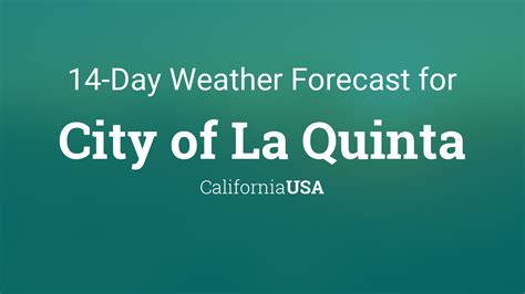 Apr 14, 2024 · La Quinta, CA Weather Forecast Dated: 1006 AM Sun Apr 14 2024 (La Quinta Time) Weather Charts Weather Stats. Sun, 14th. Lo: 10°C 49°F Hi: 21°C 69°F. 