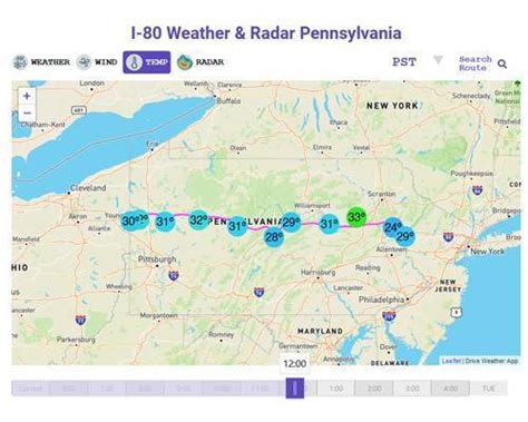 I-90 Pennsylvania Current Weather Conditions with Radar. See 12 hour weather, wind, and temperature forecast on I-90 Pennsylvania. ... Road Trip Weather Drives. East West Interstates. I-10 Weather. I-20 Weather. I-40 Weather. I-70 Weather. I-80 Weather. I-90 Weather. I-24 Weather. I-26 Weather. I-64 Weather. I-44 Weather. I-30 Weather. I-74 ....