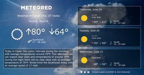 September Weather in Cedar City Utah, United States. Daily high temperatures decrease by 10°F, from 82°F to 72°F, rarely falling below 62°F or exceeding 88°F.. Daily low temperatures decrease by 11°F, from 54°F to 42°F, rarely falling below 33°F or exceeding 61°F.. For reference, on July 13, the hottest day of the year, temperatures in Cedar City typically range from 58°F to 87°F .... 