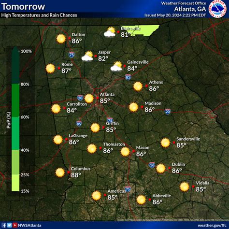 Weather in peachtree city tomorrow. Peachtree City, GA. Weather Forecast Office. ... Shown on the map are the expected high temperatures, weather conditions, and probabilities of precipitation for tomorrow. 
