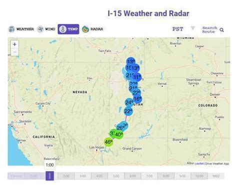 Weather on i15 utah. I-80 Utah Current Weather Conditions with Radar. See 12 hour weather, wind, and temperature forecast on I-80 Utah. Search. Close. DRIVING ALERTS; FEATURES; US ROADS. ... I-15 Weather. I-25 Weather. I-29 Weather. I-35 Weather. I-55 Weather. I-75 Weather. I-95 Weather. I-39 Weather. I-45 Weather. I-49 Weather. I-43 Weather. I-57 Weather. I-59 ... 