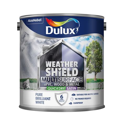Weather shield. Dulux Weathershield Ultimate Protection. A superior quality exterior wall paint contains all the benefits of Weathershield All Weather Protection, with the added unique Alkali Guard Technology containing a built in primer. This shields against damaging alkali salt attacks from render, giving you a problem free exterior which will look better ... 