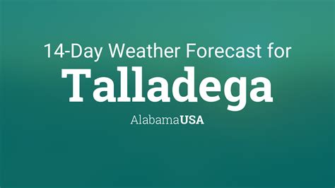 Weather talladega alabama. Talladega, United States of America weather forecasted for the next 10 days will have maximum temperature of 28°c / 82°f on Wed 15. Min temperature will be 16°c / 60°f on Wed 15. Most precipitation falling will be 16.28 mm / 0.64 inch on Mon 13. Windiest day is expected to see wind of up to 20 kmph / 12 mph on Wed 15. 