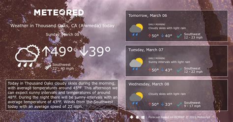 Thousand Oaks 14 Day Extended Forecast. Time/General. Time Zone. DST Changes. Sun & Moon. Weather Today Weather Hourly 14 Day Forecast Yesterday/Past Weather Climate (Averages) Currently: 53 °F. Cool.. 