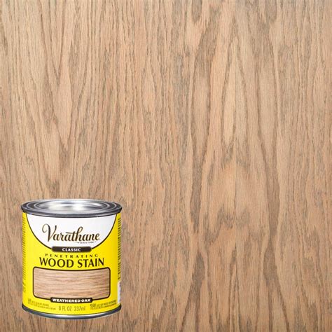 Weathered oak stain. About this item. Ideal for use on all interior wood projects: furniture, cabinets, doors, trim and paneling. One-coat coverage, fast-drying oil based formula. Dries to the touch in just 1 hour and covers up to 275 square feet. High performance stain system enhanced with nano pigment particles. Highlights natural wood grain to reveal wood's beauty. 