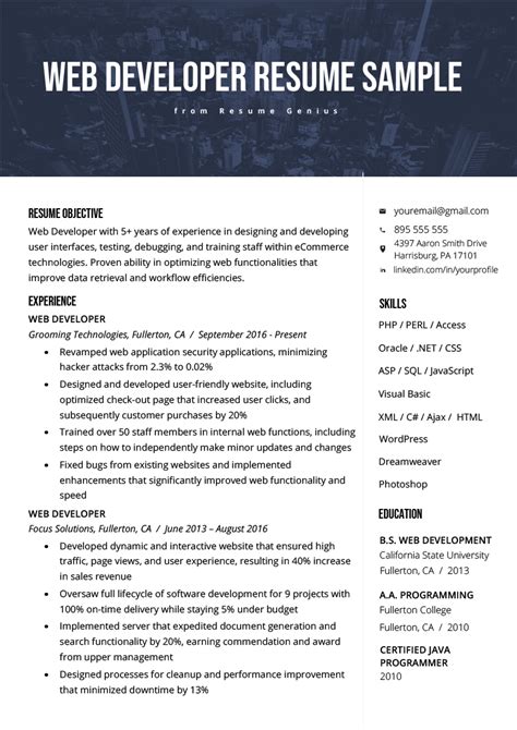 Web Developer Resume Samples & Templates [PDF+Word] 2019 Web