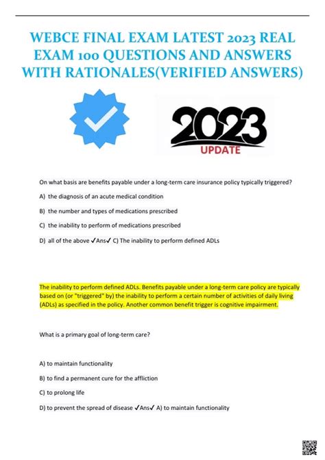 Webce final exam answers pdf. WebCE Exam Questions And Answers 2023 C) Medicare covers care in a skilled nursing facility for a limited time, but only if the care follows an admitted hospital stay and is ordered by a physician. D) Medicare covers custodial care for up to one year regardless of whether the custodial care is delivered in a facility or in the individual's home. 