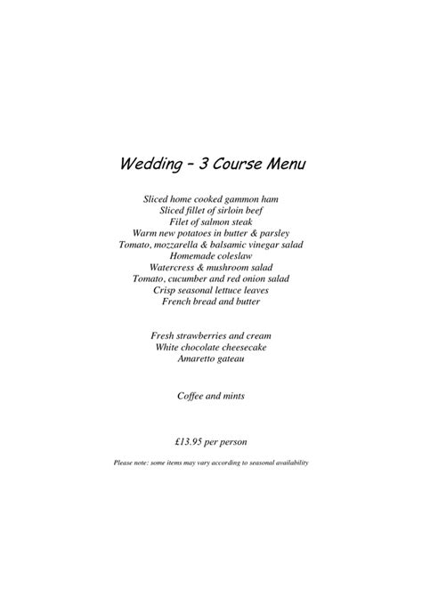 Wedding 3 Course Menu in Word and Pdf formats