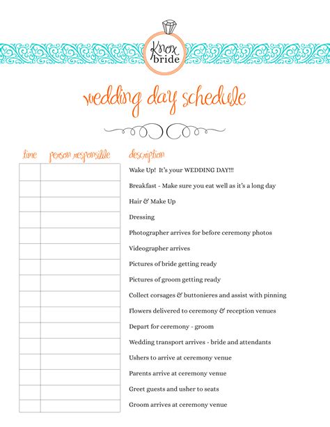 Wedding Day Of Schedule Template