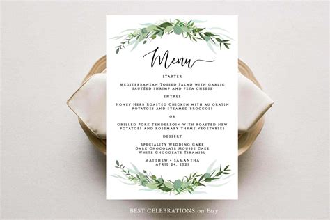 Wedding Menu Template Greenery Menu Card Menu Cards Etsy
