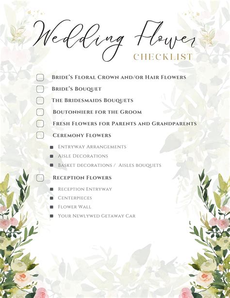 Wedding arrangements checklist. Garden roses, which are available almost year-round, can often stand in for peonies, while hydrangeas can pose as sweet peas. And don't forget about greenery, which can quickly make arrangements look more full with less flowers required. 6. Use your wedding venue, theme and color palette as influences. 
