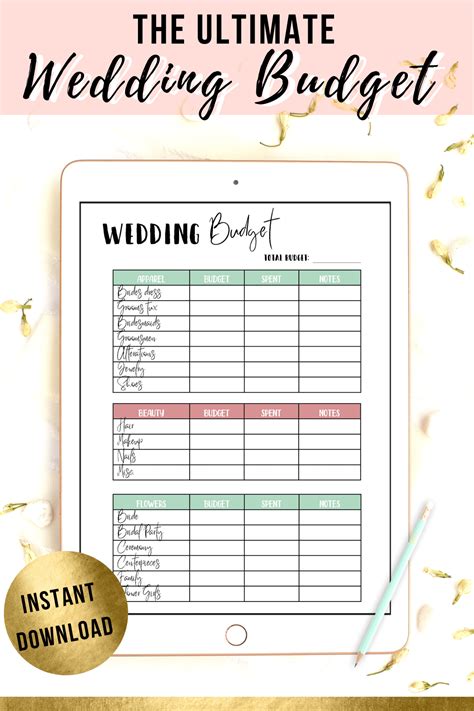 Wedding budget. A breakdown of potential wedding expenses by category, from attire to flowers, with the percentage of your budget you may want to reserve for each one. … 