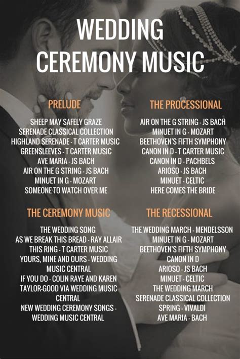 Wedding ceremony music. Most people have music starting 10 to 20 minutes before the ceremony. This may be an organist playing light classical music, a soprano or tenor singing or ... 