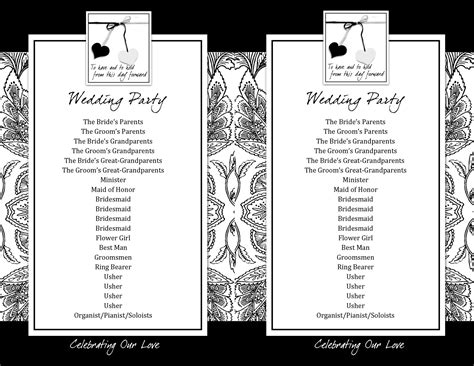 Wedding ceremony program. You can also list the order of services, for example the officiant’s welcome speech, religious proceedings, ring and vow exchange, and the processional. If your ceremony includes a song, religious excerpt, poem reading, etc., you can also include those details in the program. Finally, your wedding … 
