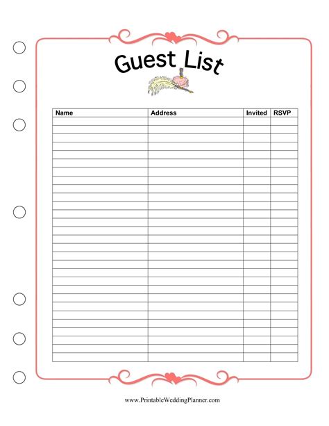 Wedding guest list template. Once you add family and friends to the Wedding Guest List, you’re ready to add more info, like addresses, RSVPs and gifts. Because each guest comes with a lot of info, it’s important to keep everything organized. WeddingWire’s Wedding Guest List tool helps you do that, and it’s a total sanity-saver. You can even sort your Wedding Guest ... 