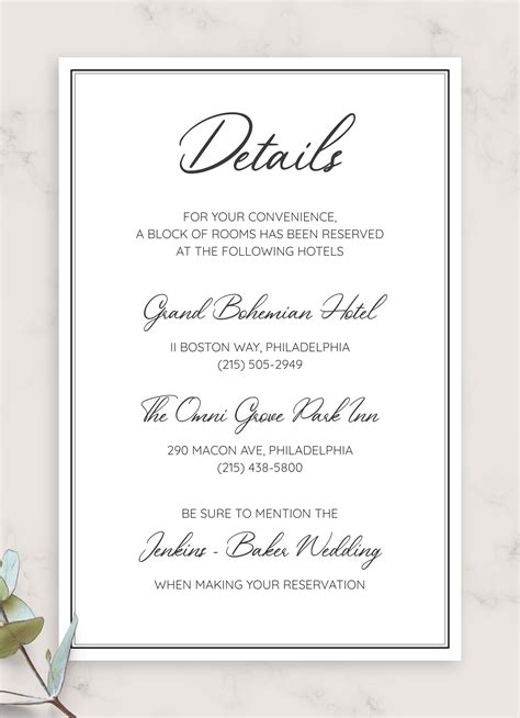 Wedding invitation details card. 6) RSVP details. If you didn’t include all your RSVP details on your wedding invitations, you can include your wedding website or full addresses on your guest information cards. It is important to set the RSVP date in line with the deadlines your suppliers have set for your final headcount. Leave yourself plenty of time to chase those last ... 