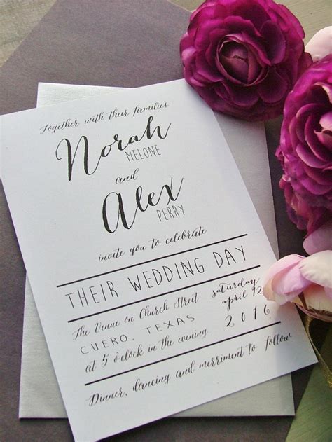 Wedding invitation example. It usually features a formal font, an ivory or cream-colored paper, and a classic design. 2. Rustic Invitation: For a more casual wedding, a rustic invitation would be a great option. It usually features natural materials such as kraft paper, wood, or twine. 3. 
