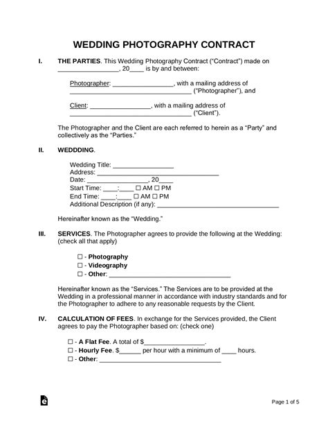 Wedding photography contract. A Wedding Photography Agreement is a document that serves as a contract between a photographer and a wedding couple. The agreement outlines the terms of the transaction between the two parties, including details such as price, payment conditions, schedules, event arrangements and general responsibilities. The lead up to a wedding is often a ... 