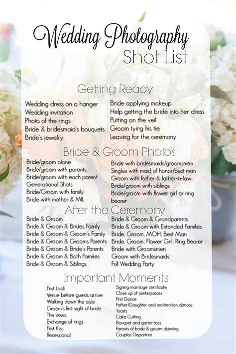 Wedding photography shot list. But don’t forget the shot of the cake cutting among your shot list: it’s a must-have! Part 2: 15 Impressive Beginner Wedding Photography Tips. To get the shots that you want and to try to help the day go as smoothly as possible, here are 15 wedding photography ideas not to forget. 1. Set and Manage Expectations 