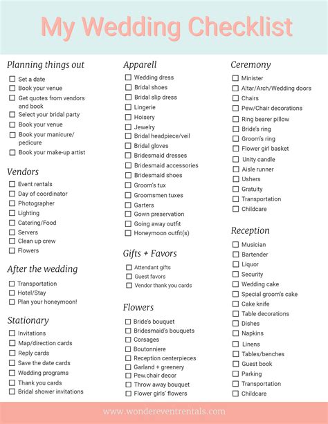 Wedding planner checklist. Download and print free wedding checklists for various tasks and stages of planning your wedding. From budgeting to seating, from flowers to photography, from … 