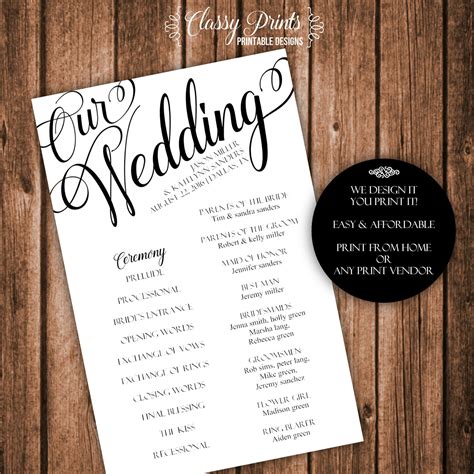 Wedding program. A wedding program is a keepsake that shares the details of your ceremony, from the order of events to the unique details. Learn how to personalize your program with style and language, and discover … 