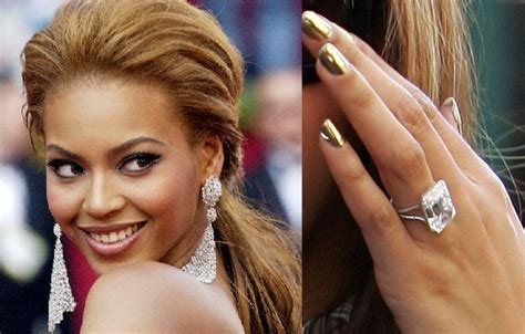 Wedding ring beyonce. Designed by Hollywood favorite Lorraine Schwartz, Beyoncé's engagement ring is a 24-carat, emerald-cut diamond ring with a split band, estimating to be worth $5 million. Here, she's seen sporting ... 