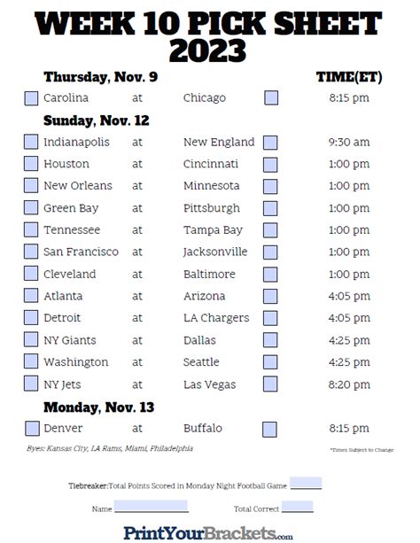 Week 10 pick em sheet. Weekly Pick Sheet Office PoolWeek 12. Below you will find our Week 12 schedule/pick sheet. You also have the option to customize the sheets by editing the title and by adding rules and prize information. For a slight variation you can try our Week 12 Confidence Pool where participants rank their picks based on their confidence of the winning ... 