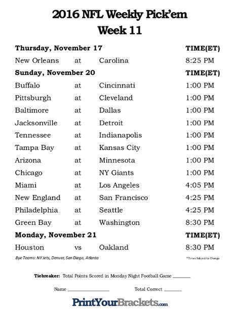 Week 11 Nfl Schedule Printable