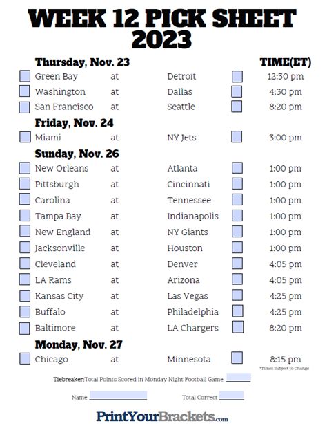 Week 12 pick sheet. NFL Pick Em Templates. Our free printable NFL Pick Em weekly pick sheets are perfect for your office football pool or to use with friends and family. They’re interactive, easy to view on mobile devices, and can be filled out prior to printing and viewing offline. Each weekly pick sheet contains team names, records, point spreads, and game ... 