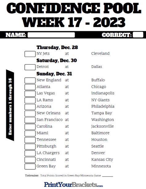 Enter all of your Week 17 Pick'em Pool Participant's Picks on one Sheet. Available as Fillable Word Doc, Excel Spreadsheet and Printable .pdf File. Add all Player's NFL Week 17 Picks to 1 Page.. 