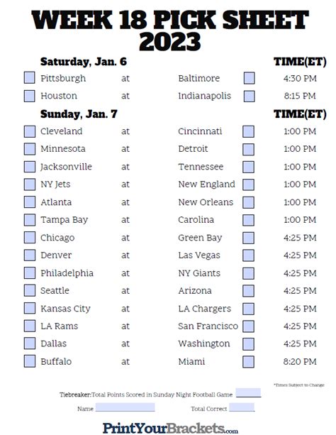 Week 19 pick em sheet. Weekly NFL pick em sheet that can be easily shared online or printed for your office football pool. Just make your picks and save with no signups. ... Week : 0 Saved Entries. Enhanced Live Scoring (Add Now) Live ... FREE TRIAL WITH NO PAYMENT INFO. LEARN MORE SEE EXAMPLE. PARTIAL SEASON DISCOUNT. powered by Surfing … 