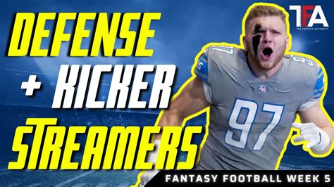 Week 5 streaming defense. 27 Sept 2023 ... Week 5 waiver wire stashes. From CJ Stroud, Sam Howell, and Luke Musgrave fantasy football streaming recommendations to debating the short ... 