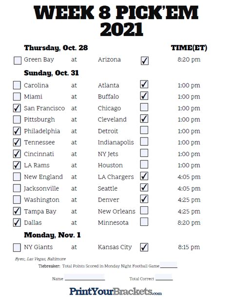 Play ESPN's College Pick'em 2023 for FREE and make your picks. ... Week 8. Oct 21. Week 9. Oct 28. Week 10. Nov 4. Week 11. Nov 11. Week 12. Nov 18. Week 13. Nov 25 ... . 
